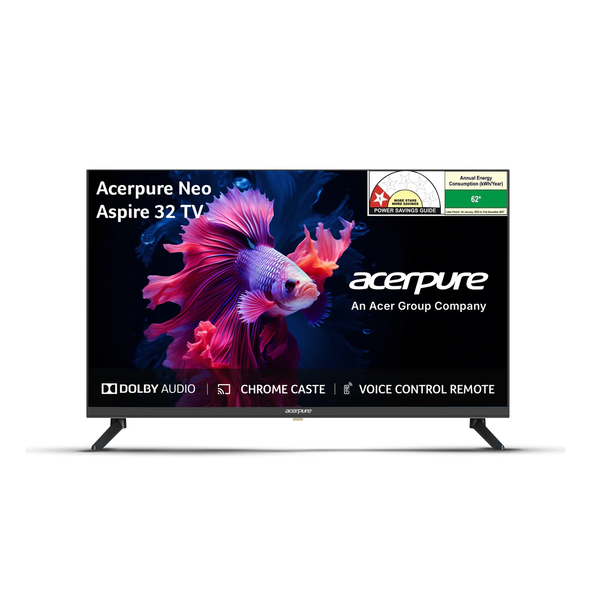 Acerpure 80 cm (32 inches) Aspire Neo HD Ready Smart Google TV 5.0 AP32HG41BASN5 | Ref+ Design with Android 14 (Black)|30W Dolby Audio| Live TV | Free to Air Channels |HDR 10 | Wall Mount Included