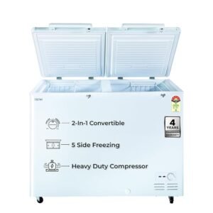 Haier HFC-320DM5, 5 Star Rating Double Door Convertible Deep Freezer, 5 Side Uniform Freezing, Heavy Duty Compressor, inside metal liner with 3 Layer Door Design (White)