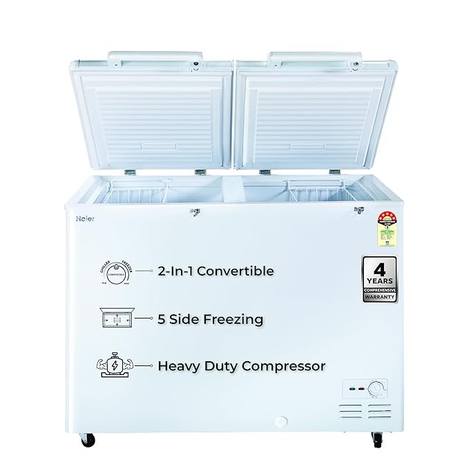 Haier HFC-320DM5, 5 Star Rating Double Door Convertible Deep Freezer, 5 Side Uniform Freezing, Heavy Duty Compressor, inside metal liner with 3 Layer Door Design (White)